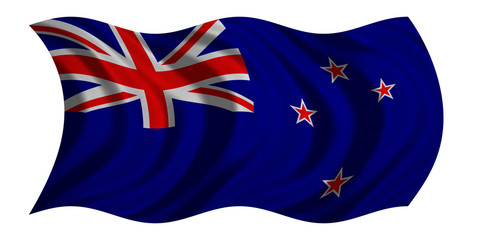 Flag of New Zealand wavy on white, fabric texture