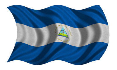 Flag of Nicaragua wavy on white, fabric texture