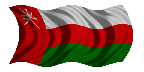 Flag of Oman wavy on white, fabric texture