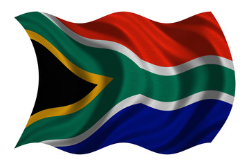 Flag of South Africa wavy on white, fabric texture