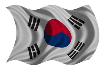 Flag of South Korea wavy on white, fabric texture