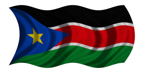 Flag of South Sudan wavy on white, fabric texture