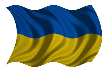 Flag of Ukraine wavy on white, fabric texture