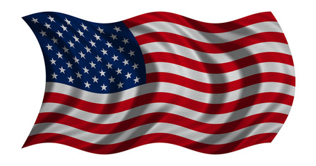 Fototapeta premium Flag of USA waving on white, detail fabric texture