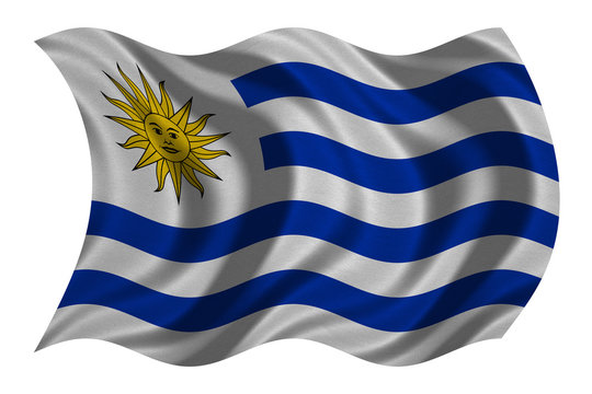 Flag of Uruguay wavy on white, fabric texture