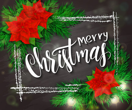 vector hand drawn christmas lettering greetings text - merry christmas - with frame, christmas brunch, poinsettia flowers and bulb garland on blackboard