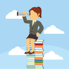 businesswoman sitting on stack of book