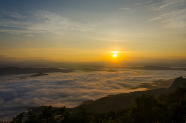 Fototapeta na wymiar Beautiful Sea Fog or Mist with Sunrise, Forest at Nan Province Thailand