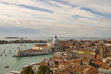 Venice aerial cityscape view of Basilica Santa Maria della Salute  from San Marco Campanile. Venice, Italy.