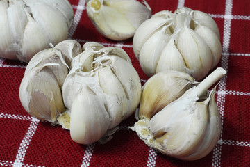 garlic on red cover table