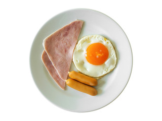 Breakfast Set have a Fried egg, Sausage and Ham on the plate, isolated on White background