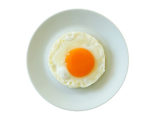 Fried egg for breakfast on plate, isolated on white background