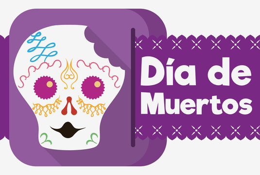 Bitten Sugar Skull Celebrating "Dia de Muertos" in Flat Style, Vector Illustration