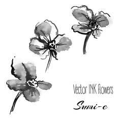 Vector sumi-e traditional elements. violets and pansies