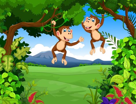 monkey cartoon with landscape background