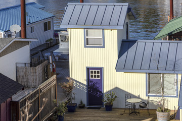 Purple door and small floating home.