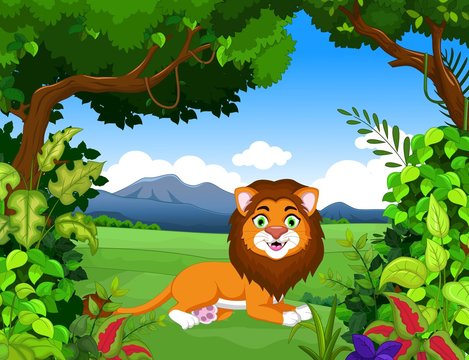 lion cartoon with landscape background