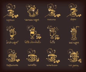 Vector set with different types of coffee: espresso; viennese; r
