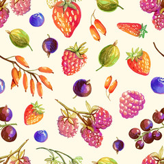 Seamless pattern with hand drawn berries - strawberry, wild stra