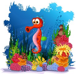 Fototapeta na wymiar funny seahorse with sea life background