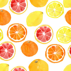 Seamless pattern with watercolor citrus: lemon, orange, grapefru