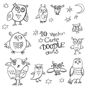 10 vector doodle cute funny owls