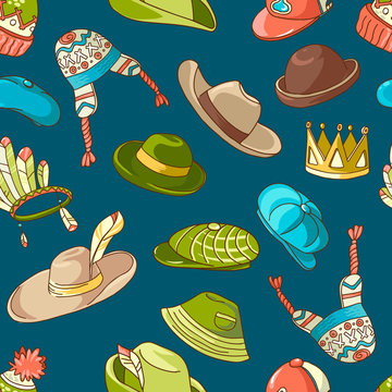 Seamless colorful bright pattern with doodle hats