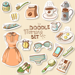 Morning doodle sticker collection: coffee, cup, breakfast, tooth