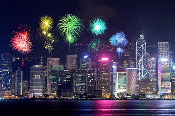 Fireworks Festival over Hong Kong city