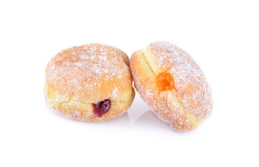 doughnut filled with blueberry and orange jam on white backgroun