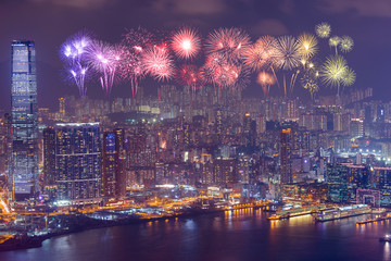 Fireworks Festival over Hong Kong city at night