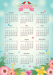 2017 twelve month calendar with flowers background.Illustration vector.