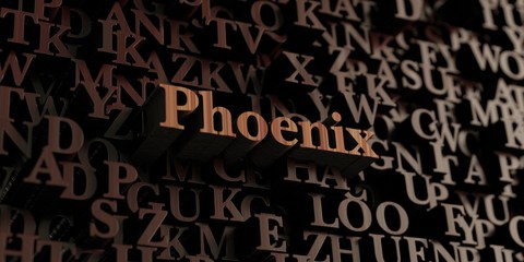 Phoenix - Wooden 3D rendered letters/message.  Can be used for an online banner ad or a print postcard.