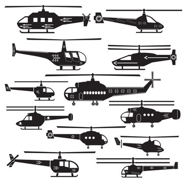 Set icons of helicopters isolated on white