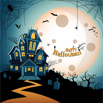 Haunted house halloween background with tree, bat, tomb, tombstone, spider, web, and cobweb at grave, graveyard. Happy halloween theme. Happy halloween greeting card. Vector illustration eps10