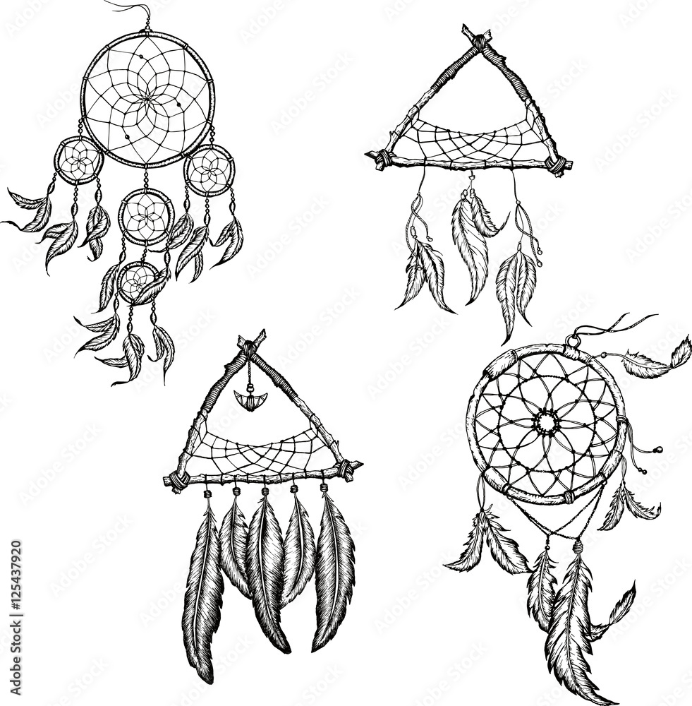 Wall mural dreamcatcher set with feathers. vector hand drawn illustration