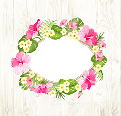 Tropical flower frame with place for invitation card text over gray wooden background. Summer holiday invitation card with floral garland and text place. Vector illustration.
