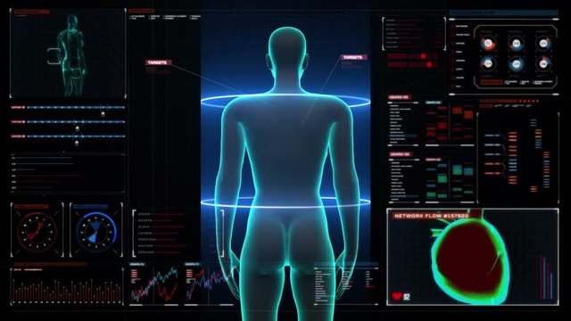 Female body scanning muscle structure in digital display dashboard. X-ray view.