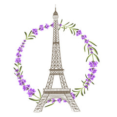 Fototapeta na wymiar Eiffel tower with lavender flowers isolated over white background. The lavender wreath on elegant card. Eiffel tower symbol with spring blooming flowers for wedding invitation. Vector illustration.