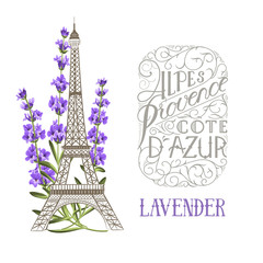 Fototapeta na wymiar Retro label, vintage badge with calligraphic text and Eiffel tower simbol with blooming flowers. Vector illustration.