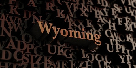 Wyoming - Wooden 3D rendered letters/message.  Can be used for an online banner ad or a print postcard.