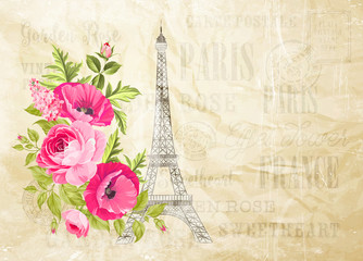 Eiffel tower simbol with spring blooming flowers over old paper text pattern with sign Paris souvenir. Vector illustration.