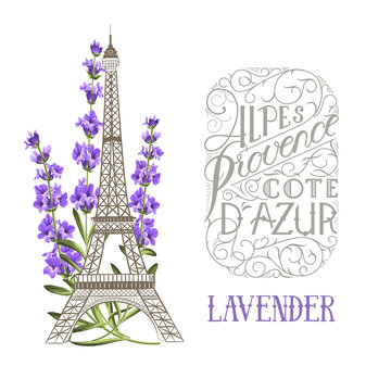 Retro label, vintage badge with calligraphic text and Eiffel tower simbol with blooming flowers. Vector illustration.