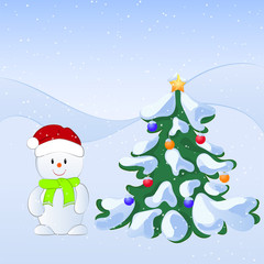 Vector cartoon illustration of a winter scene with a cute snowman and snow covered fir tree. New Year illustration