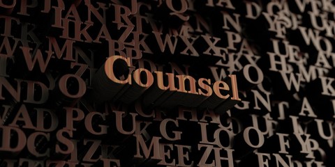 Counsel - Wooden 3D rendered letters/message.  Can be used for an online banner ad or a print postcard.