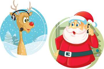 Santa Claus and the Reindeer Talking on The Phone Vector