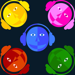 DJ colored faces. Man in the headphones. Black background.