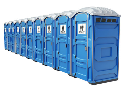 Row of mobile portable blue plastic toilets, isolated on white background