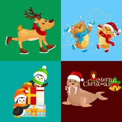 Illustration set animals winter holiday North Pole penguins with presents and bears under snow, deer skating, walrus in hat.Merry Christmas and Happy New Year