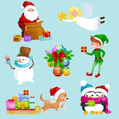 Santa Claus sack full of gifts,angel wings magic wand star, snowman candy, decoration ribbons balls birds, pet dog gifts in sleigh, penguins elf Vector illustration Merry Christmas and Happy New Year